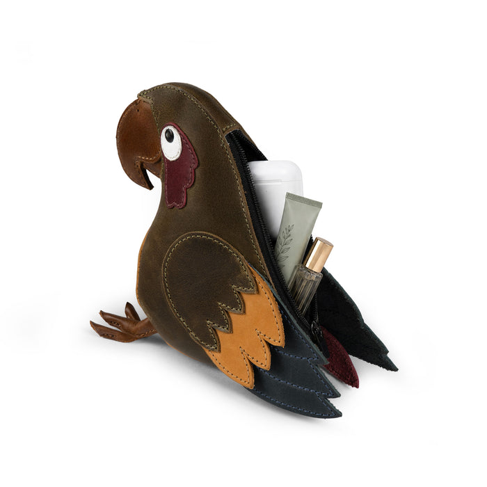 Open Tudi Frudi Parrot Pouch displaying space for toiletries and small essentials, made from Full Grain Leather with Artisan Handmade in La Antigua Guatemala & Oaxaca Mexico quality, Small Batch Production, Hand Cut, Hand Sewn, and Fire Branded by StockyardX.