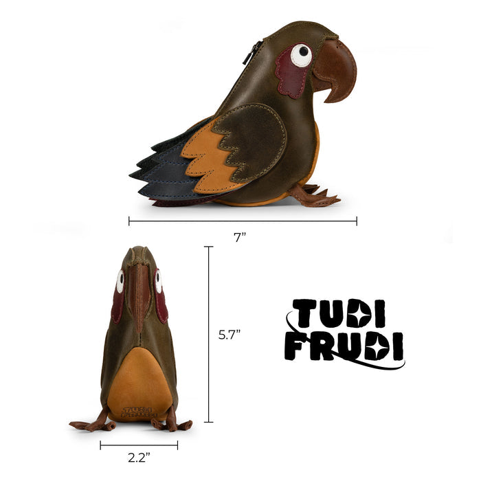 Tudi Frudi Parrot Pouch product dimensions shown from side and front views, measuring 7 inches long, 5.7 inches high, and 2.2 inches wide, crafted from Full Grain Leather through Artisan Small Batch Production, Hand Cut, Hand Sewn, Fire Branded, and Handmade in La Antigua Guatemala & Oaxaca Mexico by StockyardX.