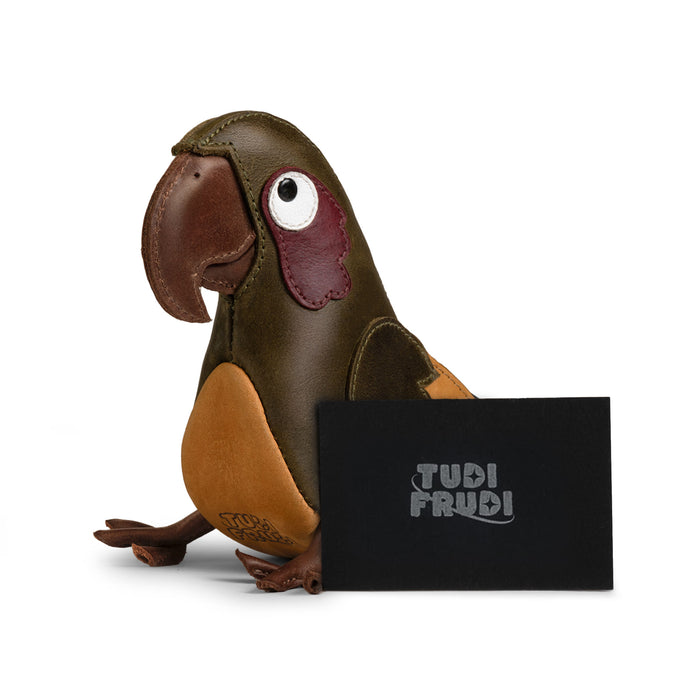 Tudi Frudi Parrot Pouch pictured with branded packaging, featuring Full Grain Leather Artisan craftsmanship from Small Batch Production, Hand Cut, Hand Sewn, Fire Branded, and Handmade in La Antigua Guatemala & Oaxaca Mexico by StockyardX.