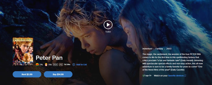 Peter Pan HD Digital Code (2003) (Redeems in Movies Anywhere; HDX Vudu Fandango at Home & HD iTunes Apple TV Transfer From Movies Anywhere)