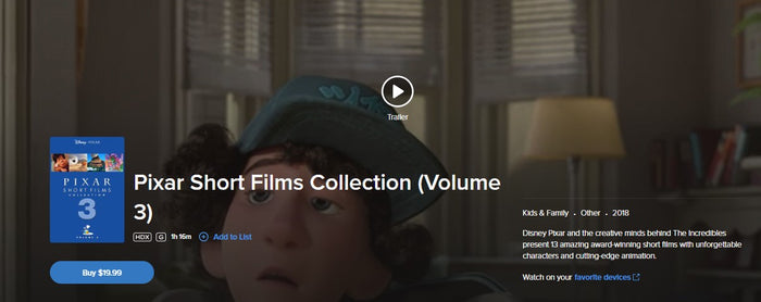 Pixar Short Films Collection Volume 3 HD Digital Code (2018) (Redeems in Movies Anywhere; HDX Vudu Fandango at Home & HD iTunes Apple TV Transfer From Movies Anywhere)