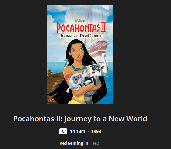 Pocahontas 2: Journey to a New World HD Digital Code (1998) (Redeems in Movies Anywhere; HDX Vudu Fandango at Home & HD iTunes Apple TV Transfer From Movies Anywhere)