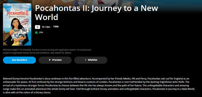 Pocahontas 2: Journey to a New World HD Digital Code (1998) (Redeems in Movies Anywhere; HDX Vudu Fandango at Home & HD iTunes Apple TV Transfer From Movies Anywhere)
