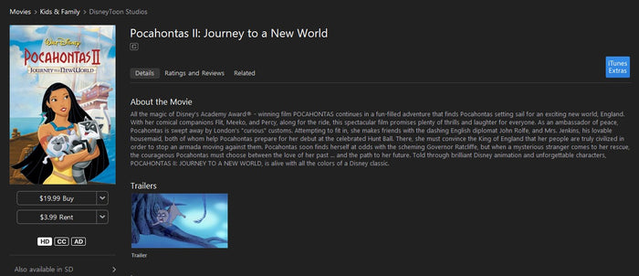 Pocahontas 2: Journey to a New World HD Digital Code (1998) (Redeems in Movies Anywhere; HDX Vudu Fandango at Home & HD iTunes Apple TV Transfer From Movies Anywhere)