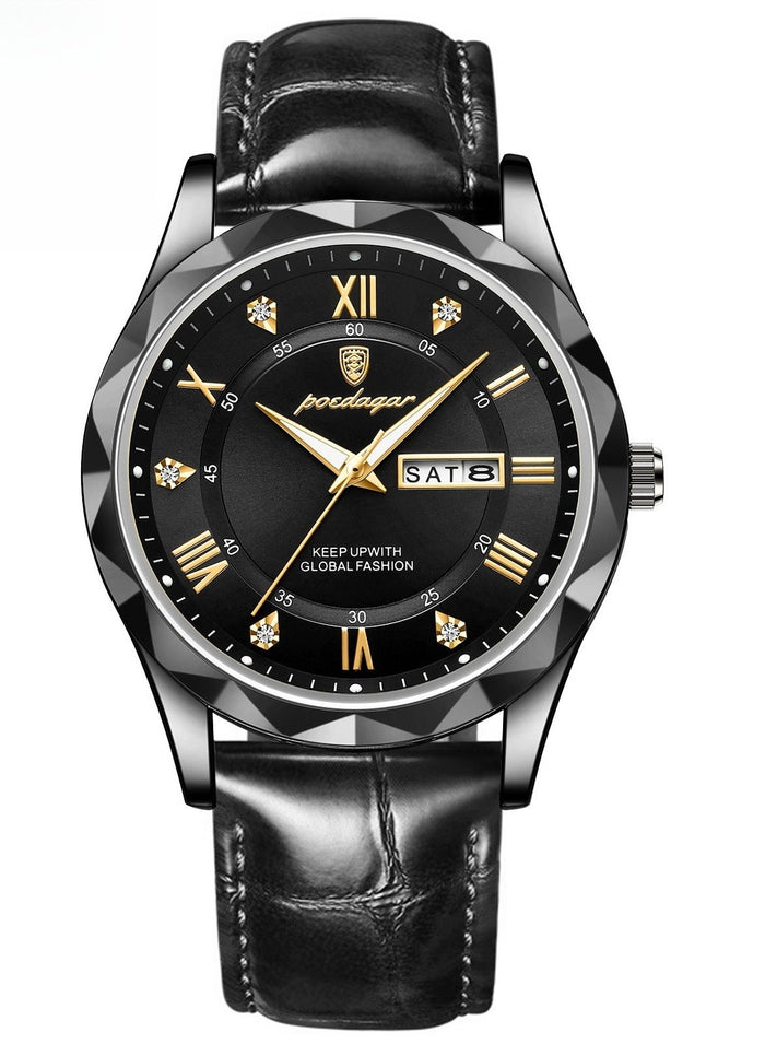 POEDAGAR Luxury Men's Watch with Leather Strap, Sapphire Crystal Glass, Luminous, Waterproof, and Calendar Feature
