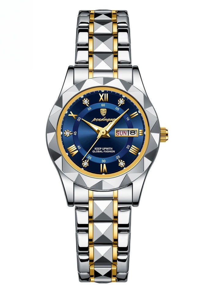 POEDAGAR Luxury Waterproof Luminous Women's Watch - Mineral Reinforced Glass, Stainless Steel Strap, 3D Diamond Dial, Dual Date Display