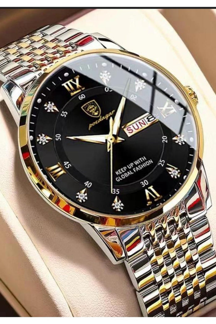 POEDAGAR Man Watch Stainless Stain Business Quartz Watches Waterproof Luminous Week Date Men's Wristwach - 42mm