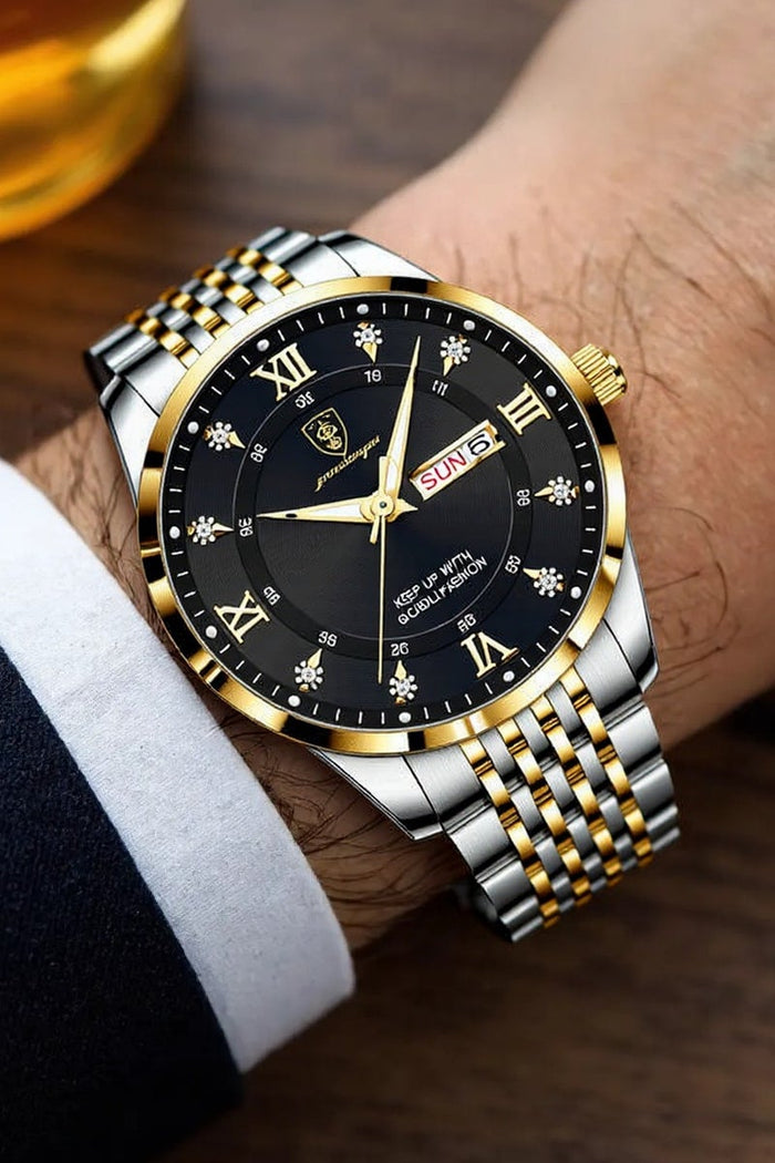 POEDAGAR Man Watch Stainless Stain Business Quartz Watches Waterproof Luminous Week Date Men's Wristwach - 42mm