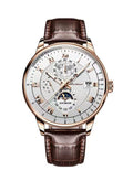 POEDAGAR Men's Business Wristwatch - Roman Numerals, Mineral Glass, Waterproof, Triple - Hand with Moon Phase Display