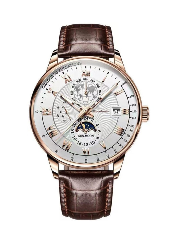 POEDAGAR Men's Business Wristwatch - Roman Numerals, Mineral Glass, Waterproof, Triple - Hand with Moon Phase Display