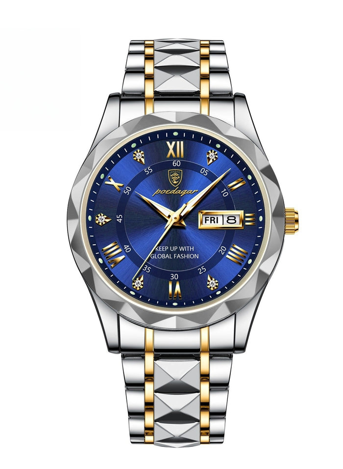 POEDAGAR Men's Waterproof Watch with Dual Calendar, Luminous Dial, Sapphire Glass, New Stylish Design