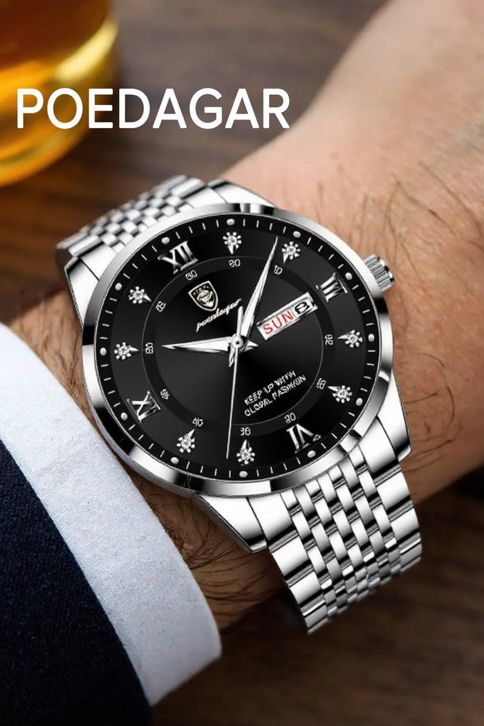 POEDAGAR Watches for Men , Man Watch Stainless Stain Business Quartz Watches Waterproof Luminous Week Date Men's Wristwach - 42mm