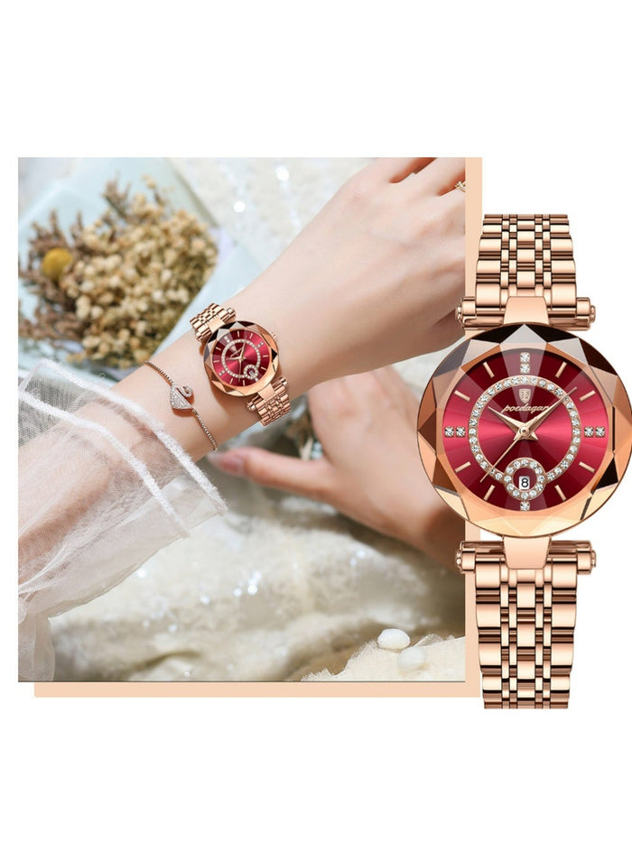 POEDAGAR Women Watches Rose Gold for Lady Elegant Stainless Steel Strap Fashion Analog Creative Diamond Dial Wrist Watch