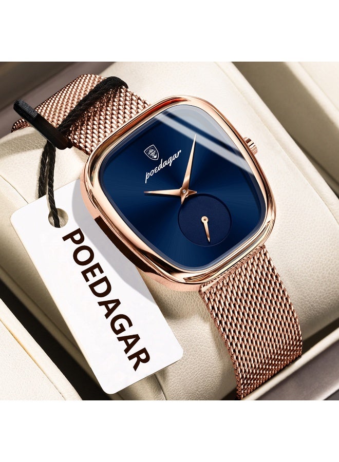 POEDAGAR Women's Quartz Watch - Rose Gold Mesh Strap, Blue Dial, Minimalist Luxury Design - 783