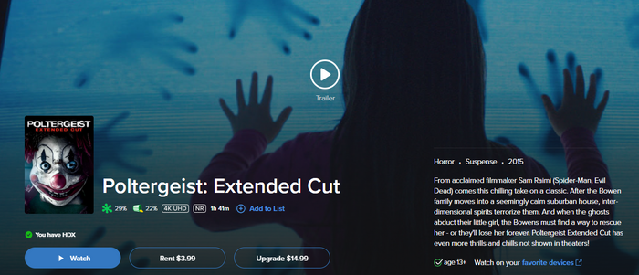 Poltergeist HD Digital Code (2015 Extended Cut) (Redeems in Movies Anywhere; HDX Vudu Fandango at Home & HD iTunes Apple TV Transfer From Movies Anywhere)