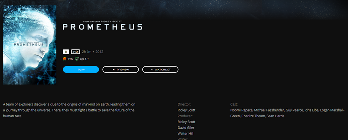 Prometheus HD Digital Code (2012) (Redeems in Movies Anywhere; HDX Vudu Fandango at Home & HD iTunes Apple TV Transfer From Movies Anywhere)