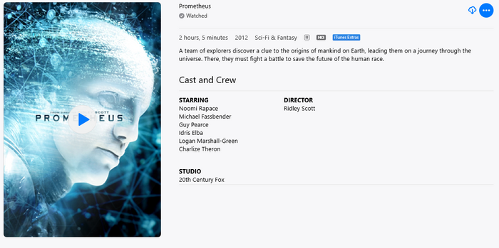 Prometheus HD Digital Code (2012) (Redeems in Movies Anywhere; HDX Vudu Fandango at Home & HD iTunes Apple TV Transfer From Movies Anywhere)