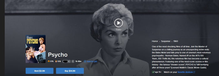 Psycho HD Digital Code (1960) (Redeems in Movies Anywhere; HDX Vudu Fandango at Home & HD iTunes Apple TV Transfer From Movies Anywhere)