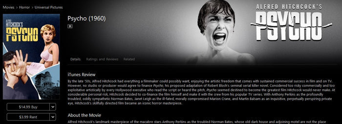 Psycho HD Digital Code (1960) (Redeems in Movies Anywhere; HDX Vudu Fandango at Home & HD iTunes Apple TV Transfer From Movies Anywhere)