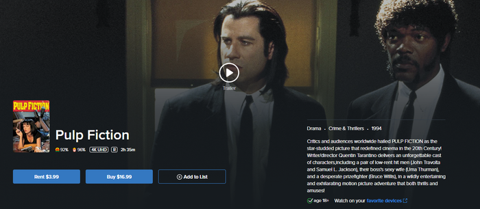 Pulp Fiction Vudu Fandango at Home Digital 4K Digital Code (1994)