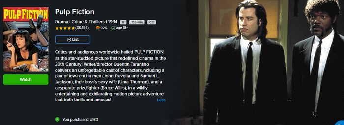 Pulp Fiction Vudu Fandango at Home Digital 4K Digital Code (1994)