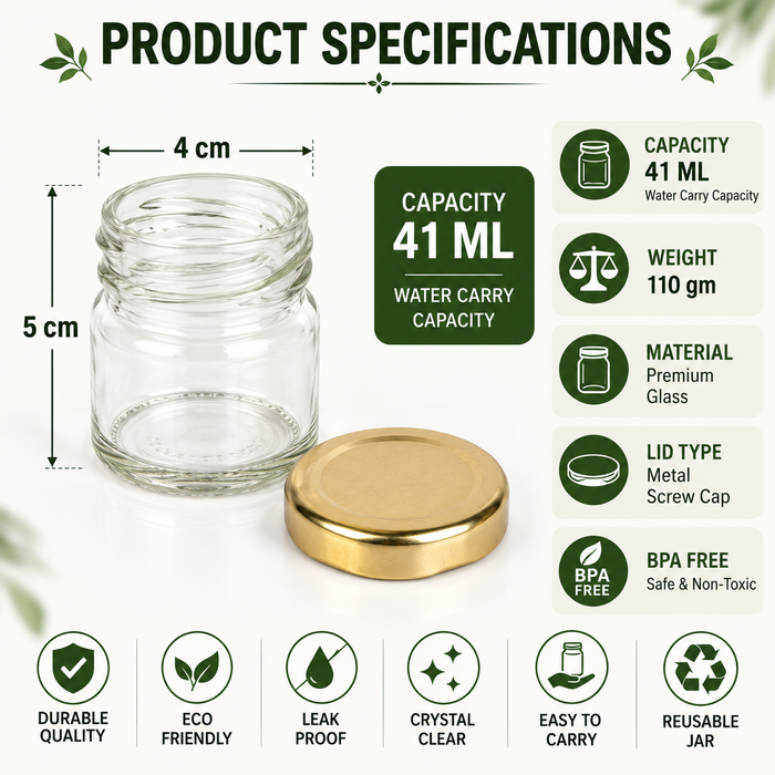Pure Source India 41 ML Mini Glass Jar with Gold Metal Screw Cap – Small Multipurpose Storage Jar