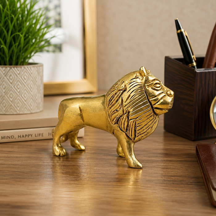 Pure Source India Brass Lion Statue Idol (3.9 Inch) - MahaVastu Remedies Decoration Showpiece Figurine