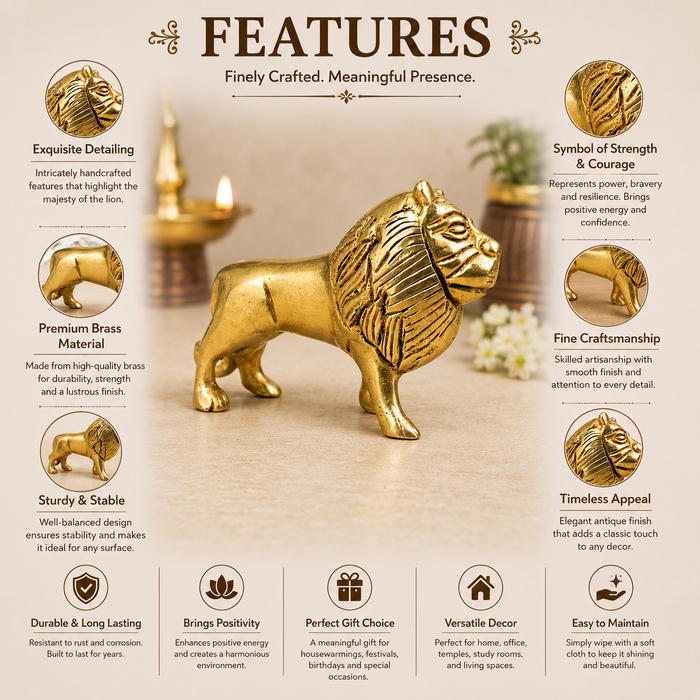 Pure Source India Brass Lion Statue Idol (3.9 Inch) - MahaVastu Remedies Decoration Showpiece Figurine