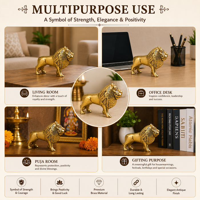 Pure Source India Brass Lion Statue Idol (3.9 Inch) - MahaVastu Remedies Decoration Showpiece Figurine