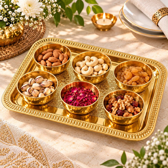Pure Source India Brass Serving Tray with 6 Bowls | Ornate Decorative Snack & Dry Fruit Serving Platter