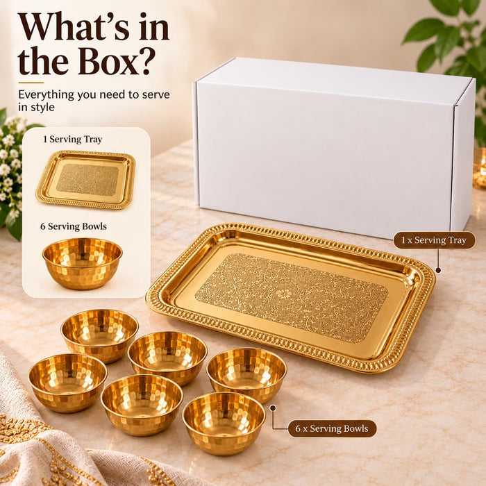 Pure Source India Brass Serving Tray with 6 Bowls | Ornate Decorative Snack & Dry Fruit Serving Platter