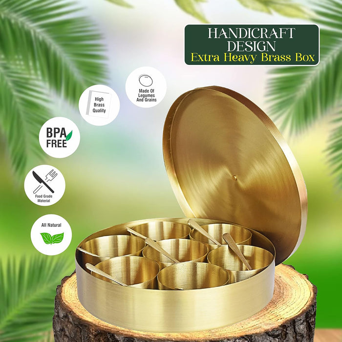 Pure Source India Brass Spice Box Set for Kitchen with Spoon (7 Containers,125 ml Each) with 7 spoon