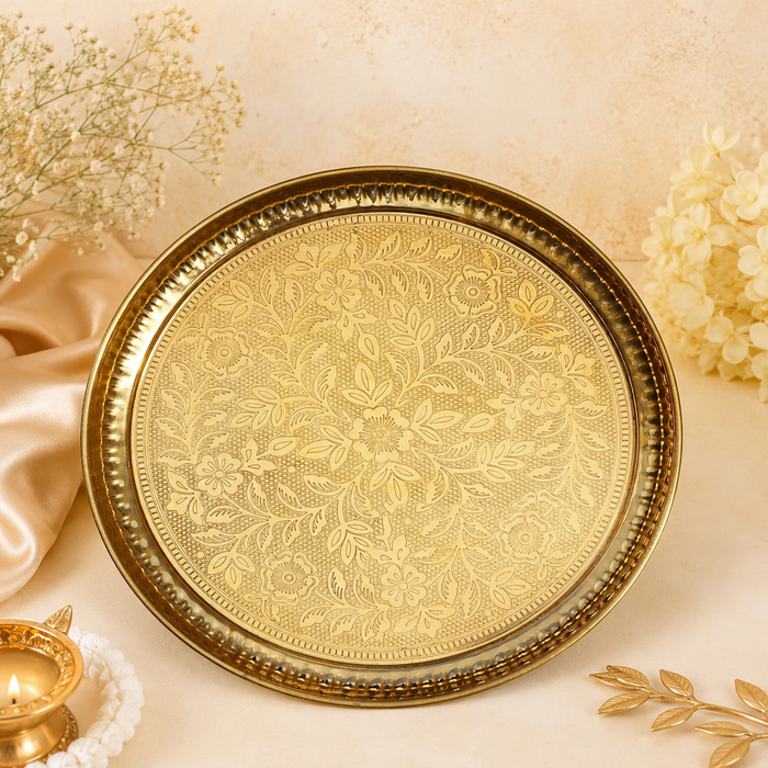 Pure Source India Handmade Flower Embossed Design Brass Puja Thali