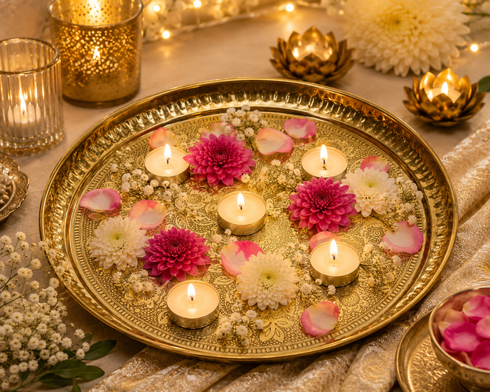 Pure Source India Handmade Flower Embossed Design Brass Puja Thali