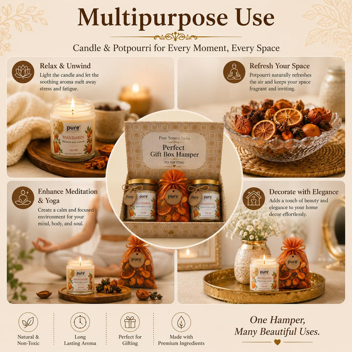 Pure Source India Luxury Festive Gift Box Hamper with Mandarin Scented Candles & Orange Potpourri