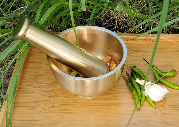 Pure Source India Pure Brass Imam Dasta/Mortar and Pestle Set/Ohkli Musal/Kharal- 4 Inches