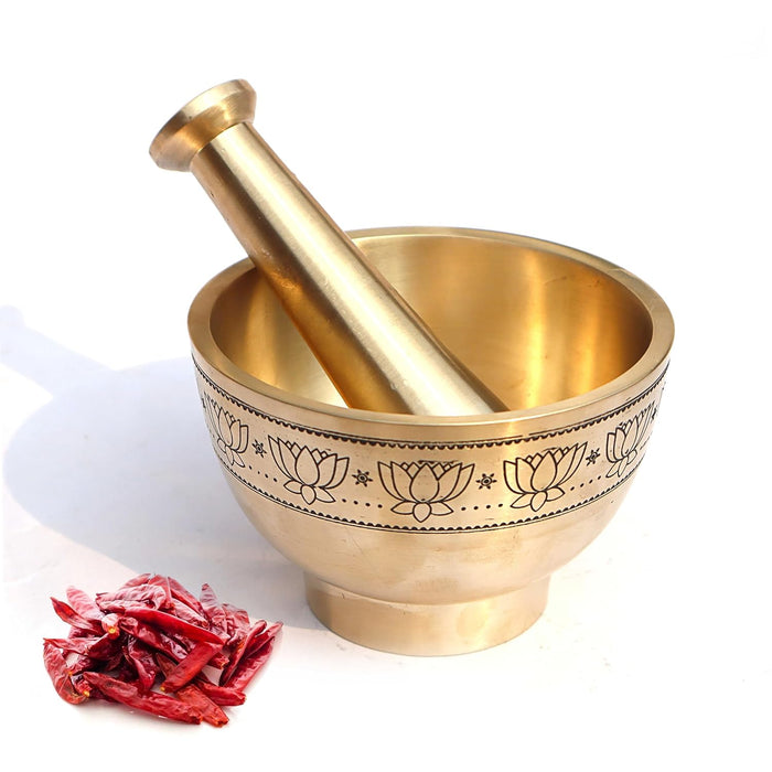 Pure Source India Pure Brass Imam Dasta/Mortar and Pestle Set/Ohkli Musal/Kharal- 4 Inches