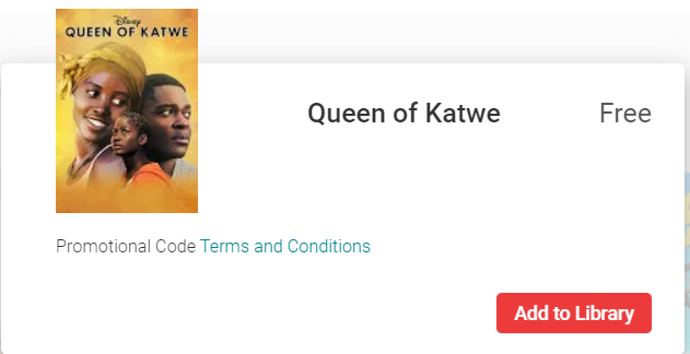 Queen of Katwe Google Play YouTube HD Digital Code (2016) (Redeems in Google Play; HDX Vudu Fandango at Home & HD iTunes Apple TV Transfer Across Movies Anywhere)