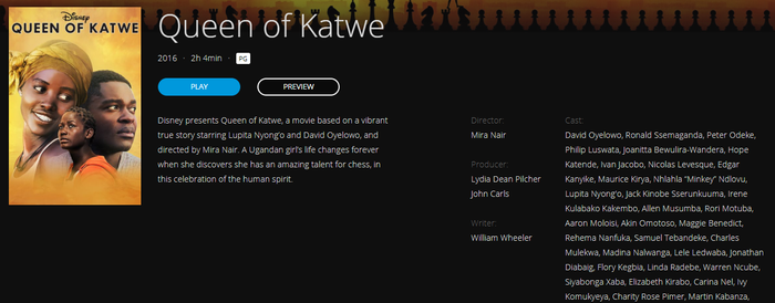 Queen of Katwe Google Play YouTube HD Digital Code (2016) (Redeems in Google Play; HDX Vudu Fandango at Home & HD iTunes Apple TV Transfer Across Movies Anywhere)