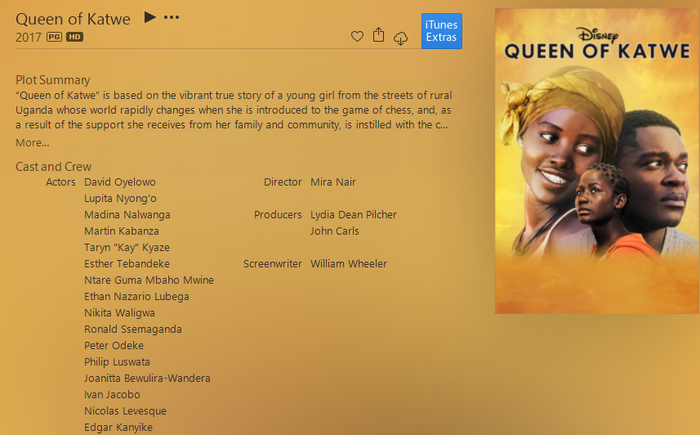 Queen of Katwe Google Play YouTube HD Digital Code (2016) (Redeems in Google Play; HDX Vudu Fandango at Home & HD iTunes Apple TV Transfer Across Movies Anywhere)