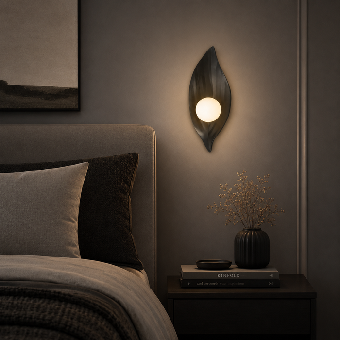 Raven's Glow - Black Leaf Wall Sconce with Orb Light