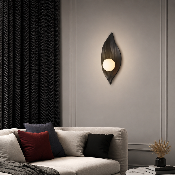 Raven's Glow - Black Leaf Wall Sconce with Orb Light