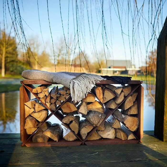 RB73 BloXX CorTen Steel Log Storage Box on deck with blanket