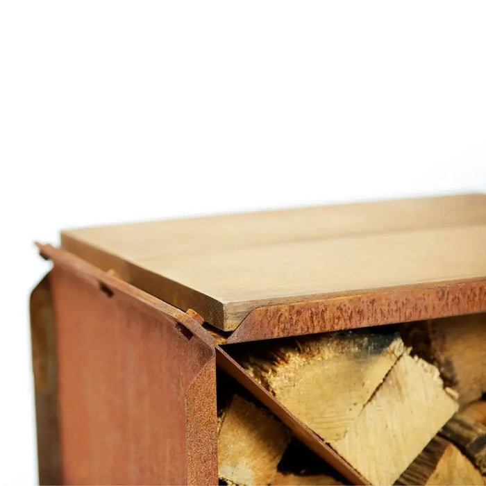 RB73 BloX CorTen Steel Log Storage Box on white background close up