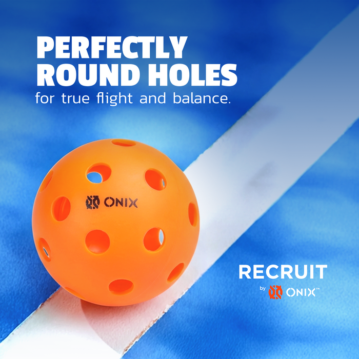 Orange pickleball with 'Onix' branding on a blue and white background