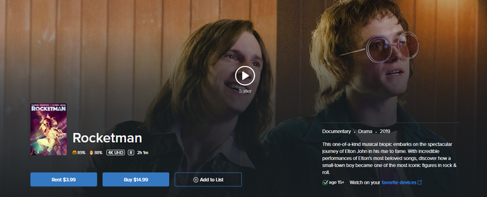 Rocketman UHD Vudu Digital Code (2019)