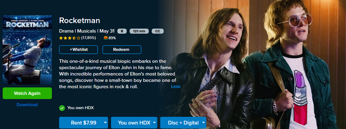 Rocketman Vudu HDX Digital Code