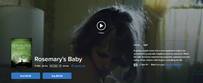 Rosemary's Baby Vudu Fandango at Home 4K Digital Code (1968)