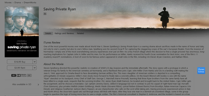 Saving Private Ryan iTunes Apple TV 4K Digital Code (1998)
