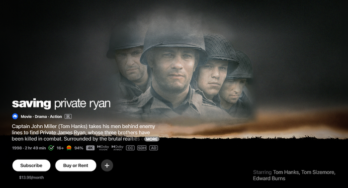 Saving Private Ryan iTunes Apple TV 4K Digital Code (1998)